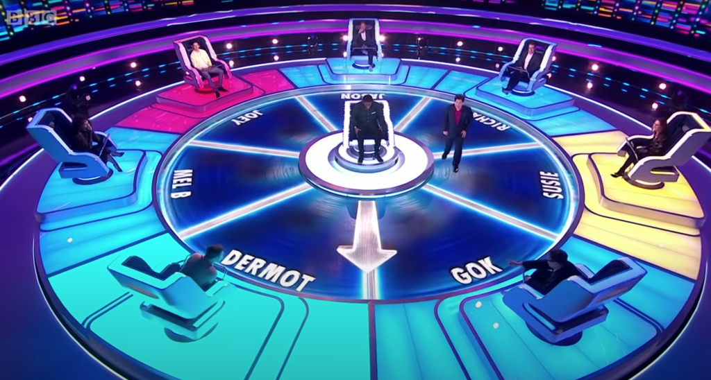 the wheel floor graphics with host Michael McIntyre and contestants in seats