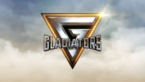 Gladiators AUS Series 1: Gladiators logo embossed in gold with the word GLADIATORS across the bottom third of the logo on light clouds