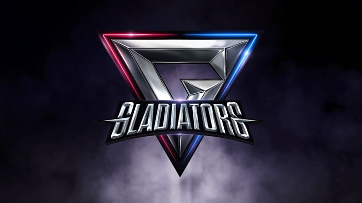 Gladiators UK Series 1: Gladiators logo embossed with neon pink left hand side and neon blue right hand side on dark background with purple smoke